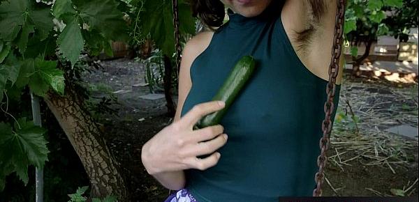  Hairy amateur Katie tries out veggie in her bushy cunt